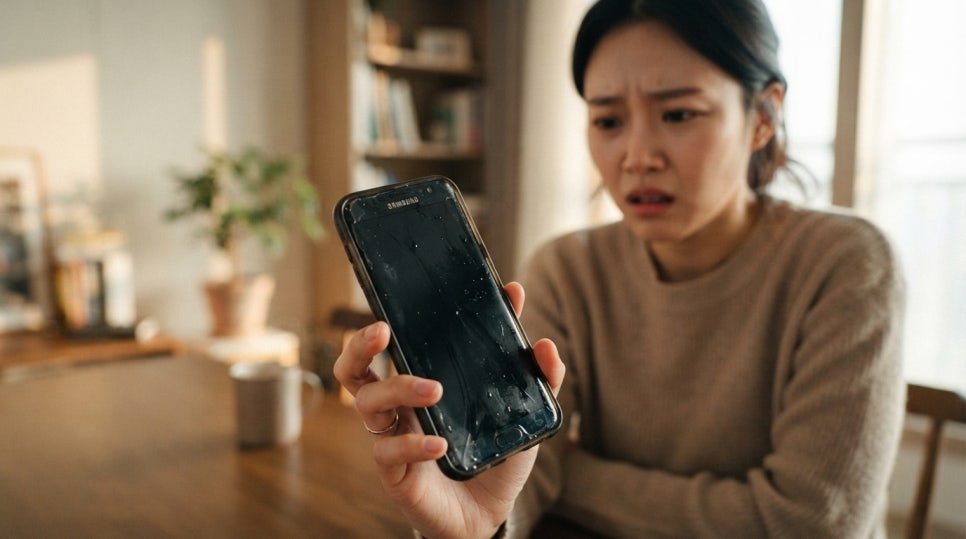 물기가 묻어 고장 난 침수폰을 보며 걱정하는 모습