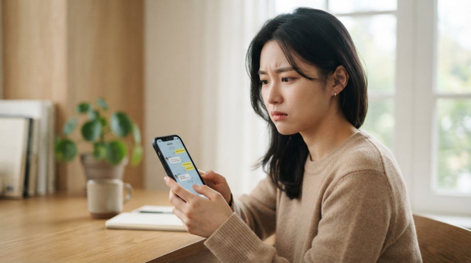중고폰 개인정보 삭제 - 스마트폰 화면 속 메시지를 보며 심각한 표정을 짓는 여성의 모습