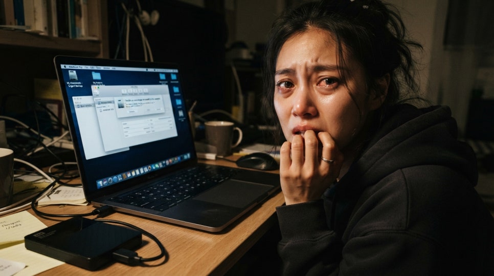 외장하드 인식 오류 창을 보며 불안해하는 여성의 모습