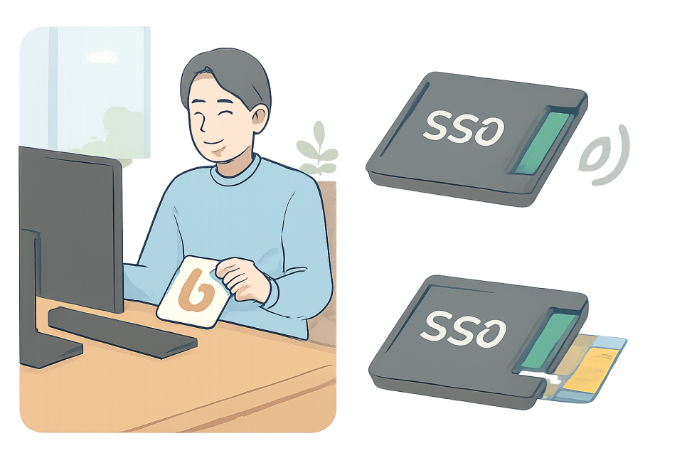 컴퓨터 앞의 남성과 SSD 저장장치를 나타낸 일러스트